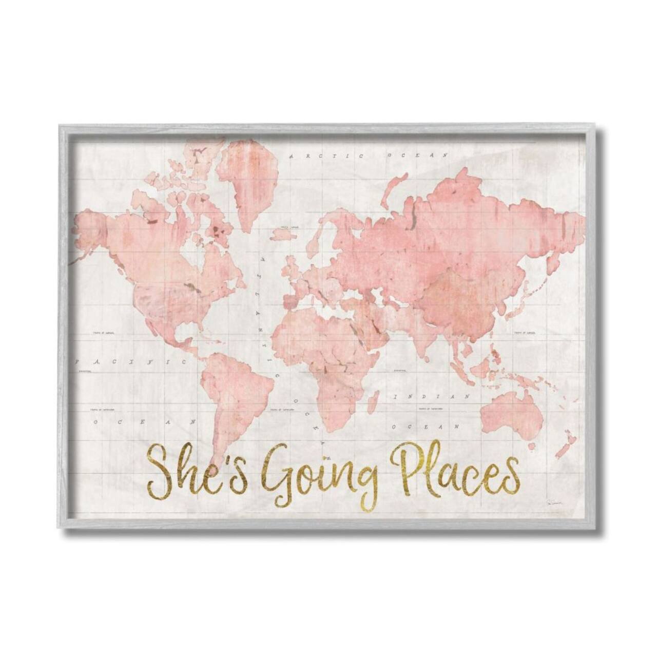 Stupell Industries She&#x27;s Going Places Pink Watercolor World Map Framed Wall Art